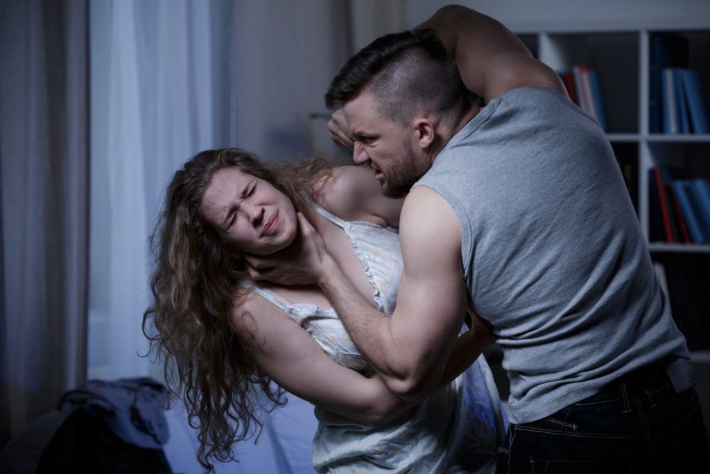 Strangulation and suffocation A man grabs his wife by the neck, committing a strangulation and suffocation against her.