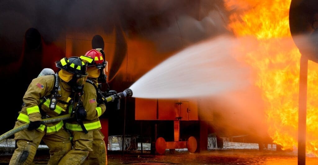 Fire fighters battling a blazing fire