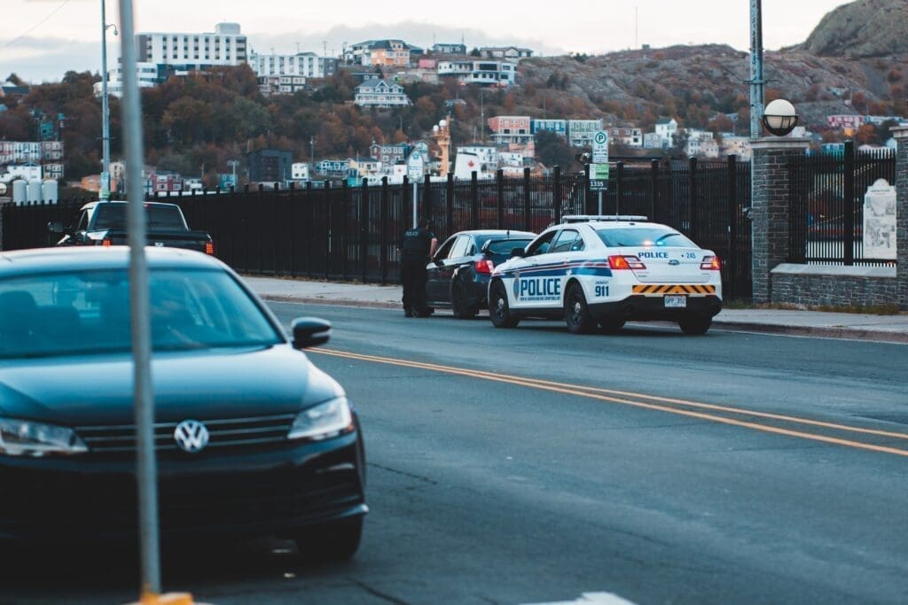 Police request consent to search vehicle A police vehicle conduct a traffic stop. The officer requests permission to search the stopped vehicle.