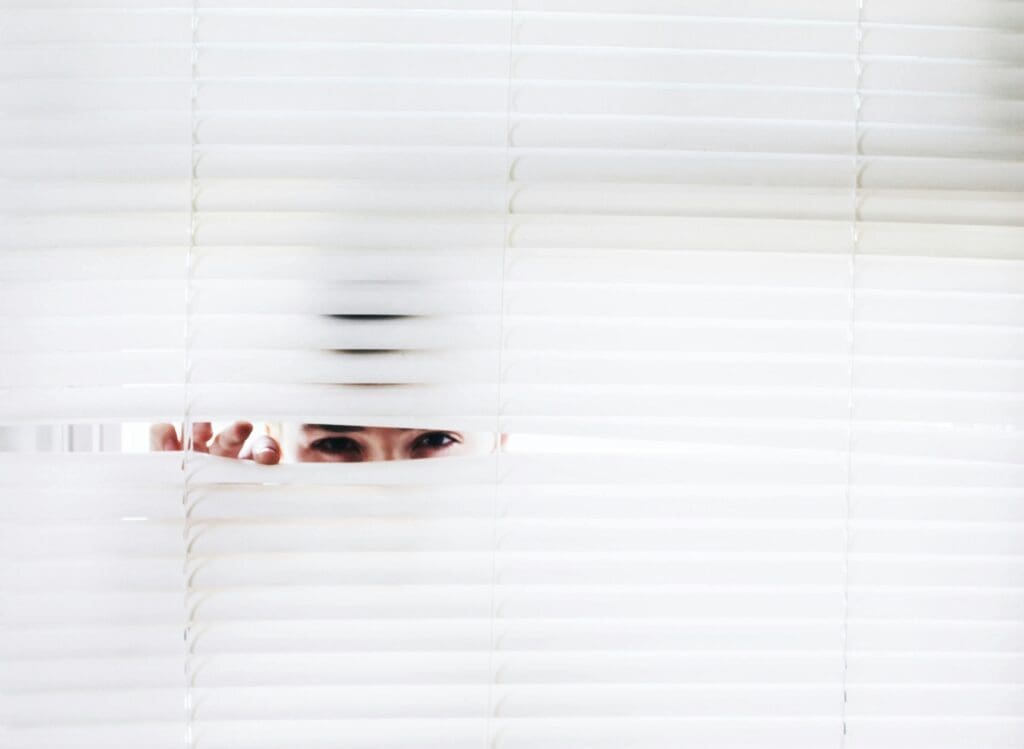 An individual aids a felon, peaking through the blinds of a home.